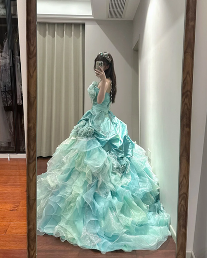 Chic Strapless Tulle Satin Beaded Ruffles Long Ball Gown Green Sweet Princess Quinceanera Dress SP1190