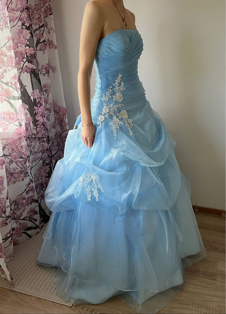 Elegant Strapless Blue Tulle Appliques Long Birthday Prom Dress Evening Dress SP945