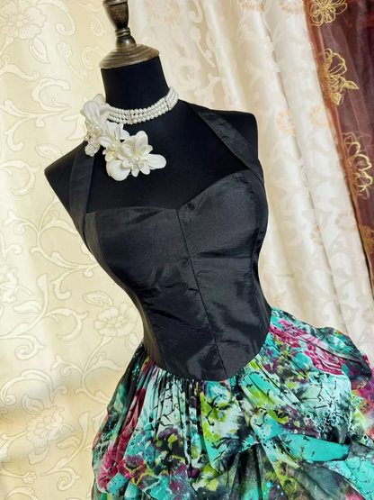Chic Black Halter Satin Chiffon Print Floral A Line Short Graduation Homecoming Dress Cocktail Dress SP2195