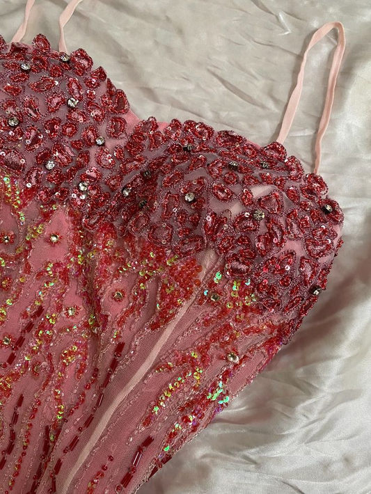 Pretty Spaghetti Straps Ombre Pink Chiffon Sequin Beaded Mermaid Long Party Dress Birthday Prom Gowns SP2278