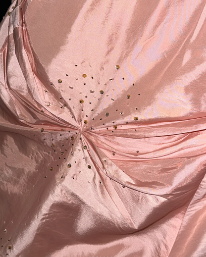 Classy Pink Strapless Satin Beaded Pleated Mermaid Long Party Dress Birthday Prom Gown SP953