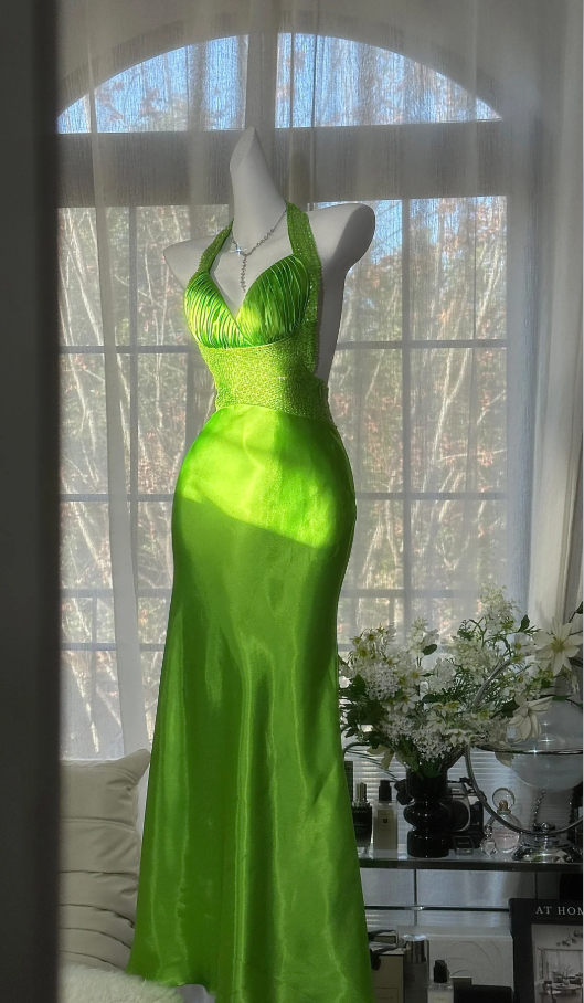 Pretty Green Halter Satin Backless Mermaid Long Evening Dress Birthday Prom Dress SP1667