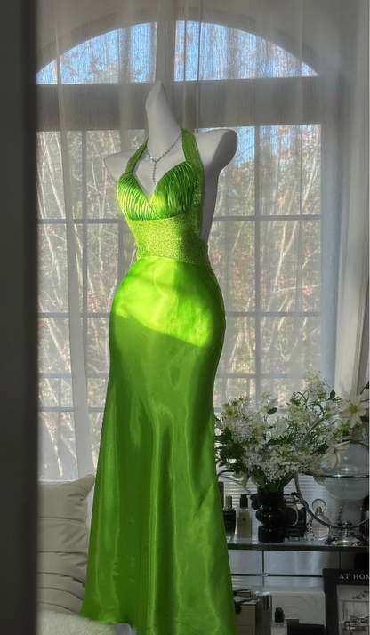 Pretty Green Halter Satin Backless Mermaid Long Evening Dress Birthday Prom Dress SP1667