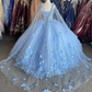 Light Blue Quinceanera Dresses Flowers Ball Gown Off Shoulder Lace Appliques 3d Floral Crystal Beads Long Sleeves Sweet 16 Dress Y759
