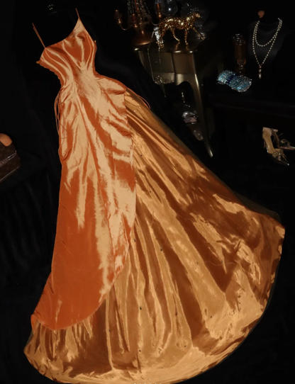 Vintage Spaghetti Straps Orange Satin Tulle Sequin Prom Gown Long Mermaid Party Dress SP677