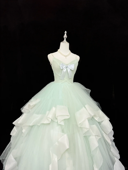Sweet Spaghetti Straps Mint Green Tulle Ball Gown Formal Quinceanera Dress With Bow SP2218