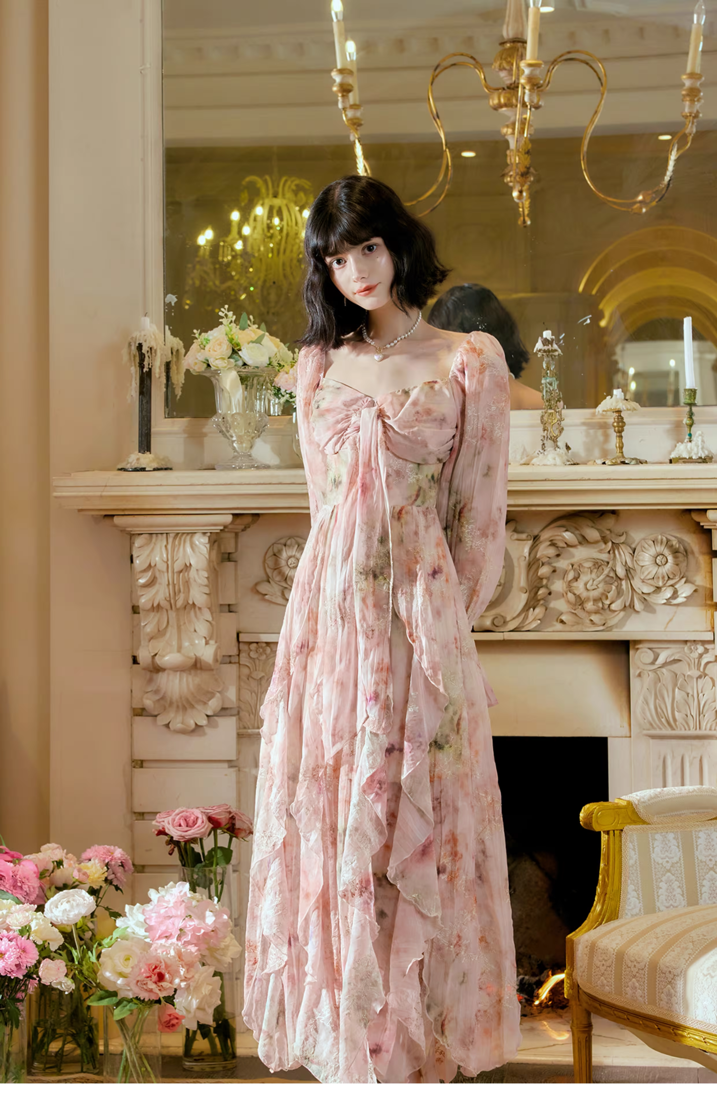 Glamorous Pink Chiffon Print Floral Long Birthday Party Dress Prom Gowns SP2010
