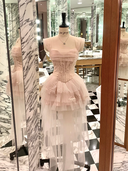 Sweet Sleeveless Pink Tulle Appliques Short Graduation Homecoming Dress Mini Prom Dress Two Piece SP2357