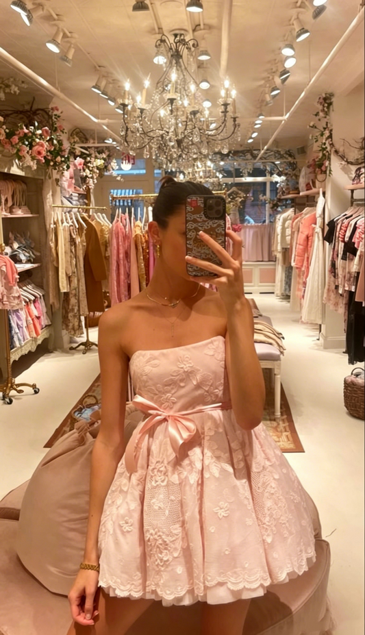 Pretty Strapless Pink Satin Lace A Line Short Homecoming Dress,Mini Prom Dress SP3378