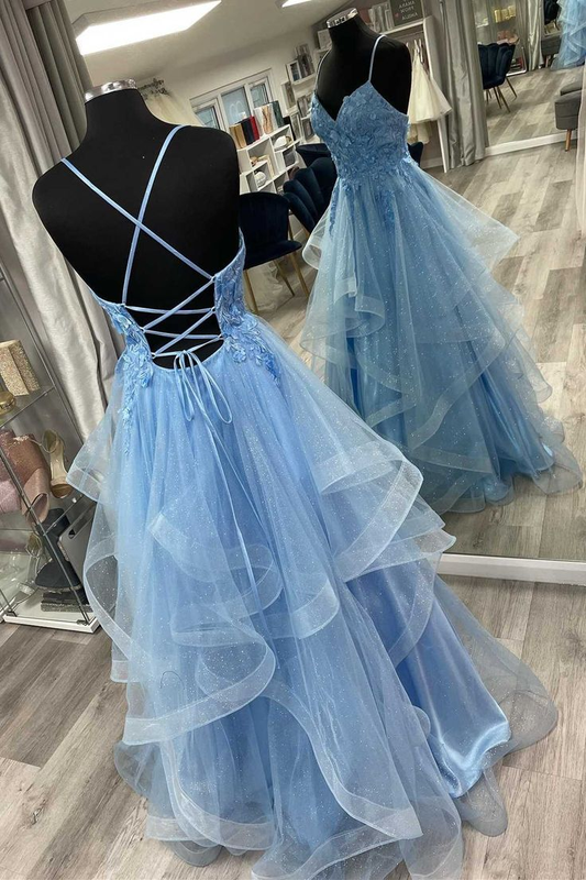 Blue Floral Appliques Lace-Up Rufflues A-Line Prom Dress Y6567