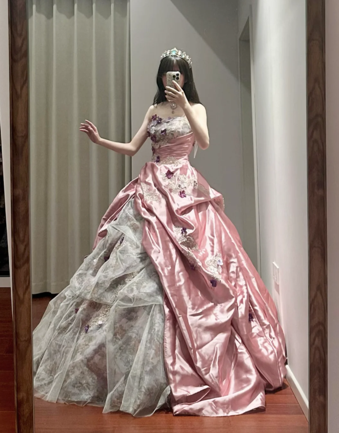 Pretty Pink Strapless Satin Pleated Appliques Ball Gown Sweet 16 Dress Formal Quinceanera Dress  SP1189
