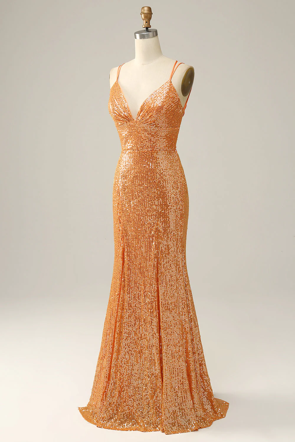 Orange Sequined Backless Mermaid Prom Dress Y2974
