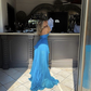 A-line Blue Prom Dress,Blue Tulle Spring Dress Y7444