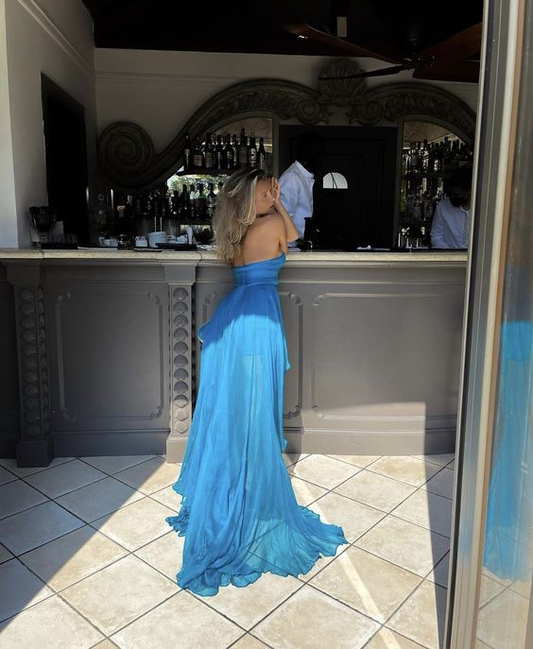 A-line Blue Prom Dress,Blue Tulle Spring Dress Y7444