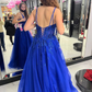 Blue A-line Tulle Appliques Prom Dress,Blue Evening Dress Y6450