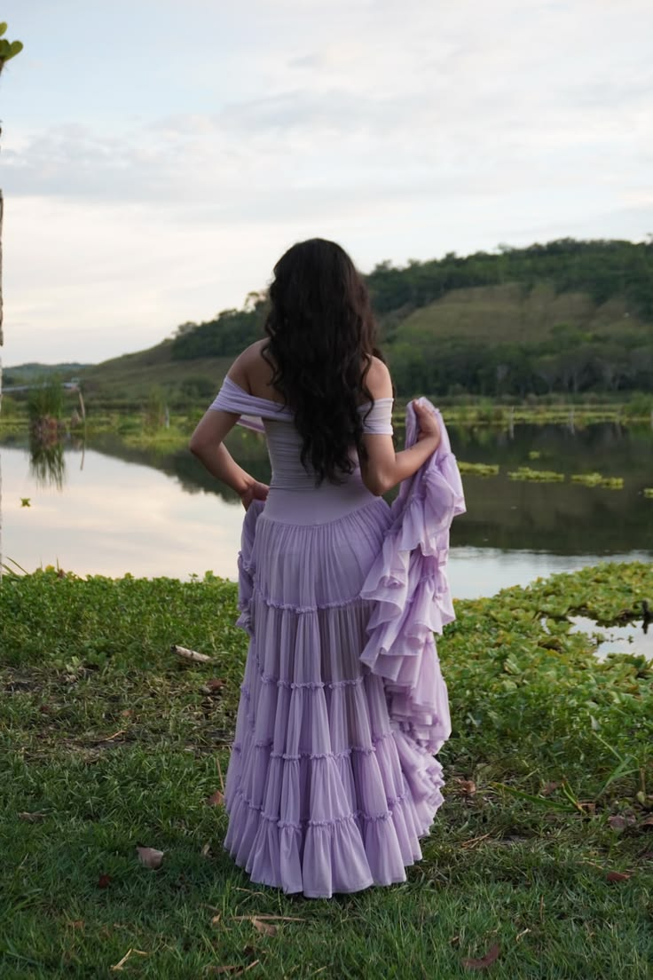 Classy Off the Shoulder Chiffon Tiered Prom Gown Lavender Long Evening Dresses SP2103