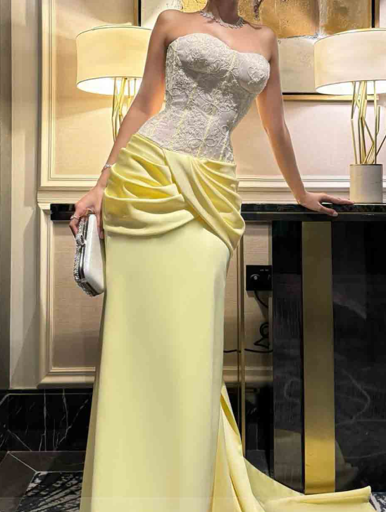 Pretty Strapless Yellow Satin Pleated Mermaid Birthday Outfit Long Party Dress SP645