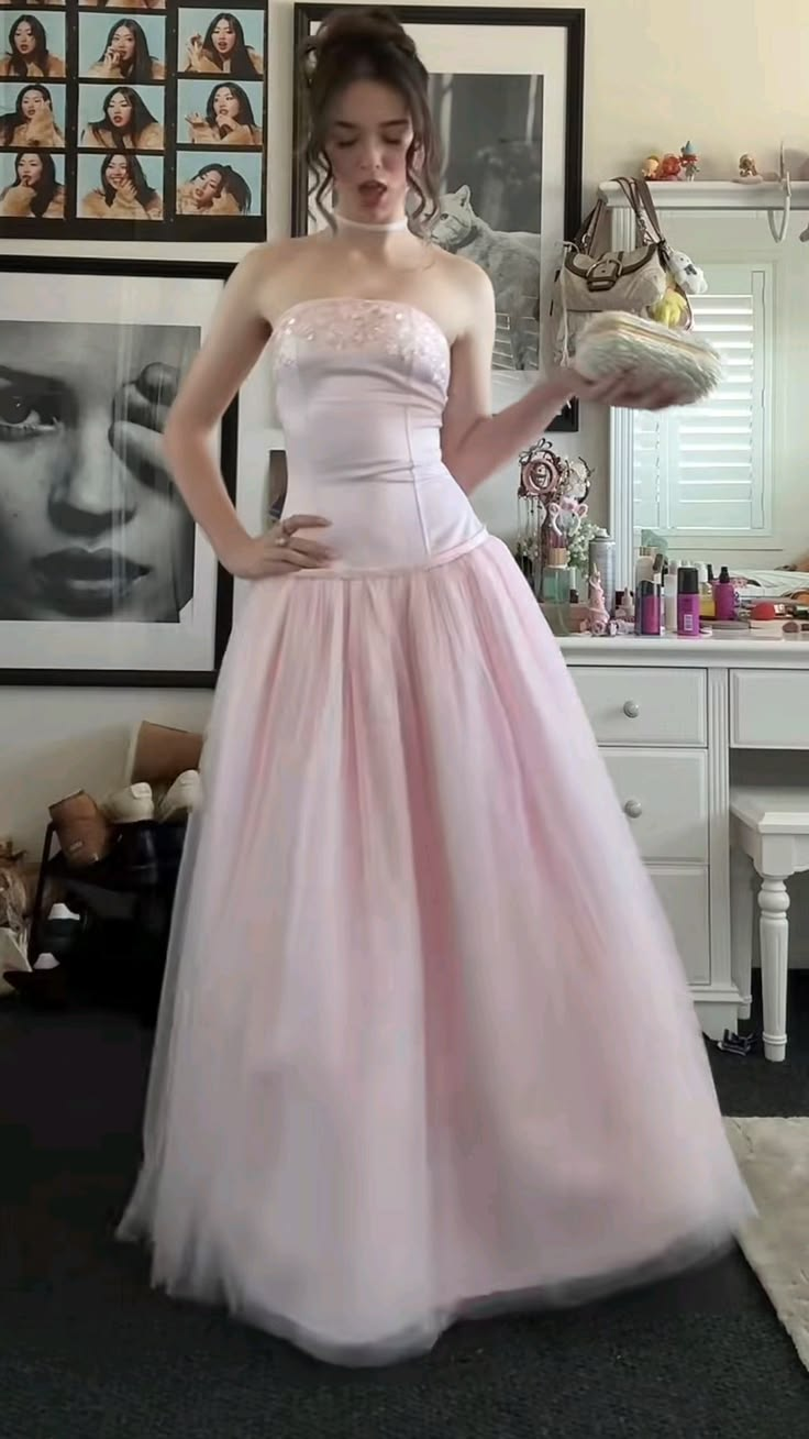 Elegant Strapless Tulle Satin Beaded Pink Long Party Dress Prom Gowns SP4274