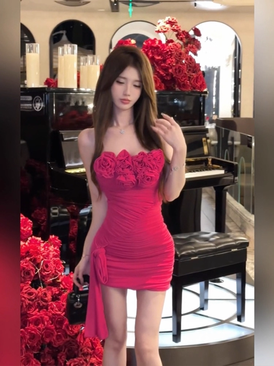 Sexy Rose Red Strapless Chiffon 3D Flowers Sheath Cocktail Dress Short Homecoming Dress SP117
