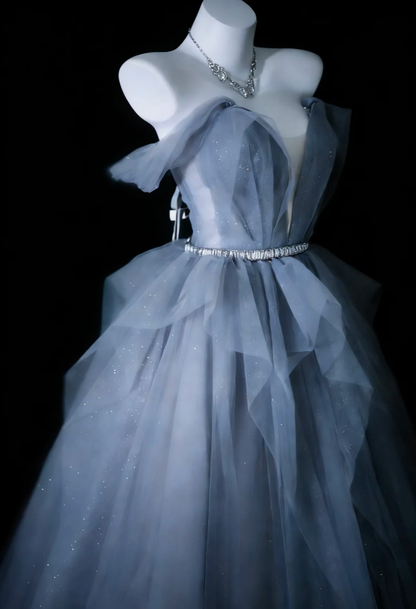 Shiny Blue Off The Shoulder Tulle Sequin Long Evening Dress 20th Birthday Outfits With Beads SP1837