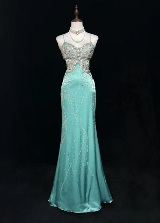 Gorgeous Green Spaghetti Straps Satin Beaded Mermaid Party Dress Backless Long Prom Gown SP1283