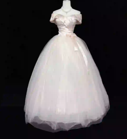 Elegant Off The Shoulder Ball Gown Light Pink Tulle Satin Long Birthday Party Dress SP2213
