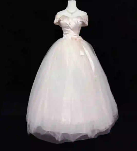 Elegant Off The Shoulder Ball Gown Light Pink Tulle Satin Long Birthday Party Dress SP2213