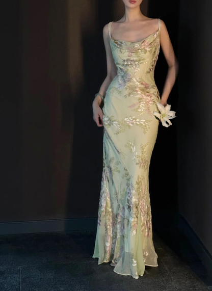 Chic Spaghetti Straps Chiffon Printed Floral Mermaid Prom Gown Birthday Party Dress SP493