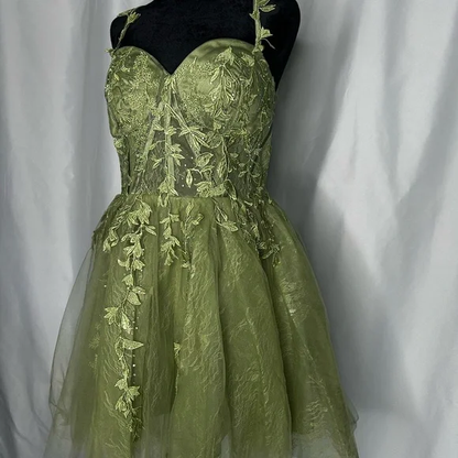 Vintage Green Tulle Appliques Short Homecoming Dress Cocktail Dressv Y9698
