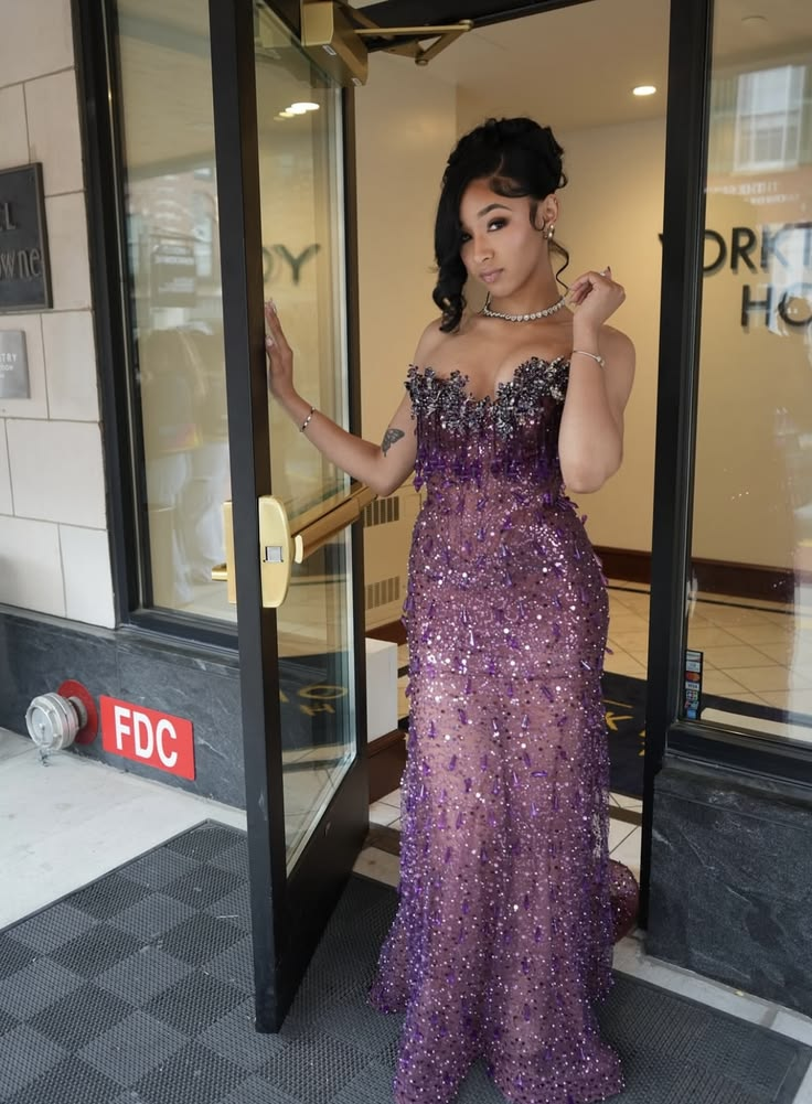 Luxurious Strapless Tulle Sequin Beaded Mermaid Prom Dress,Purple Long Party Gown SP2451