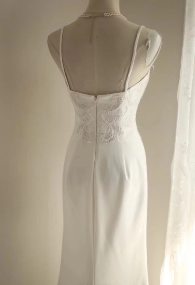 Elegant Spaghetti Straps White Satin Lace Beaded Mermaid Evening Dress Long Wedding Guest Dress SP1213