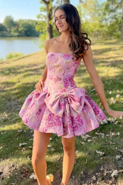 Pretty Strapless Pink Satin Print Floral A Line Short Homecoming Dress Birthday Outfit With Bow SP2796