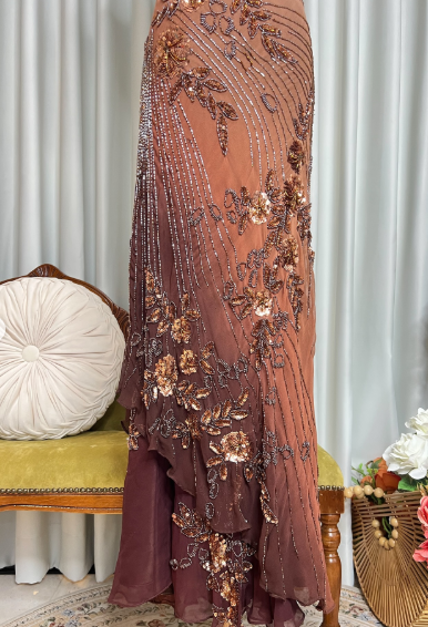 Retro Spaghetti Straps Ombre Chiffon Floral Sequin Beaded Prom Dress Long Party Gown With Ribbon SP627