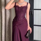 Elegant Spaghetti Straps Burgundy Lace Satin Slit Mermaid Long Party Dress Birthday Prom Dresses SP1224