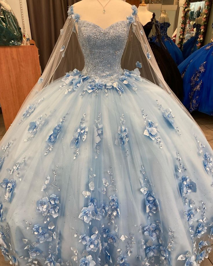 Ball Gown Light Blue Quinceanera Dresses 3D Flowers Sweet 16 Dress  Y6569