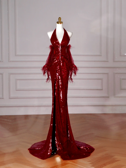 Sexy Burgundy Sequins Halter V Neck Evening Dress,Backless Mermaid Evening Dress Y8628