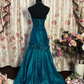 Vintage Blue Strapless Sequin Satin Pleated 3D Flowers Mermaid Long Evening Dress Formal Prom Dresses SP1385
