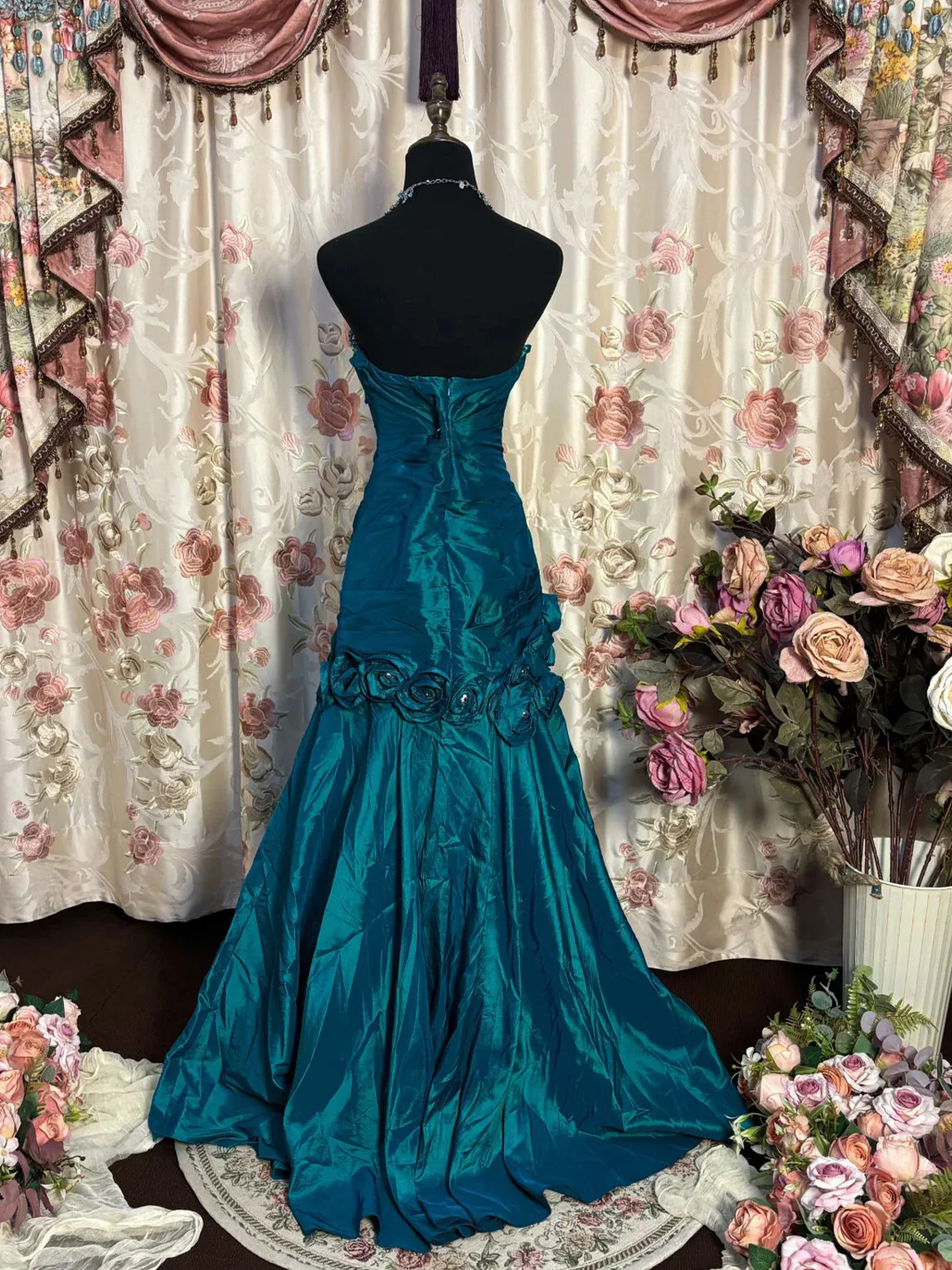 Vintage Blue Strapless Sequin Satin Pleated 3D Flowers Mermaid Long Evening Dress Formal Prom Dresses SP1385