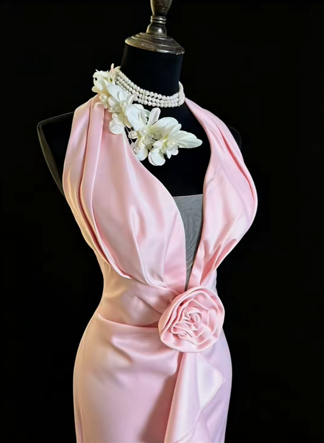 Pretty Pink Halter Satin Ruffles Mermaid Long Evening Dress Prom Gown SP2374