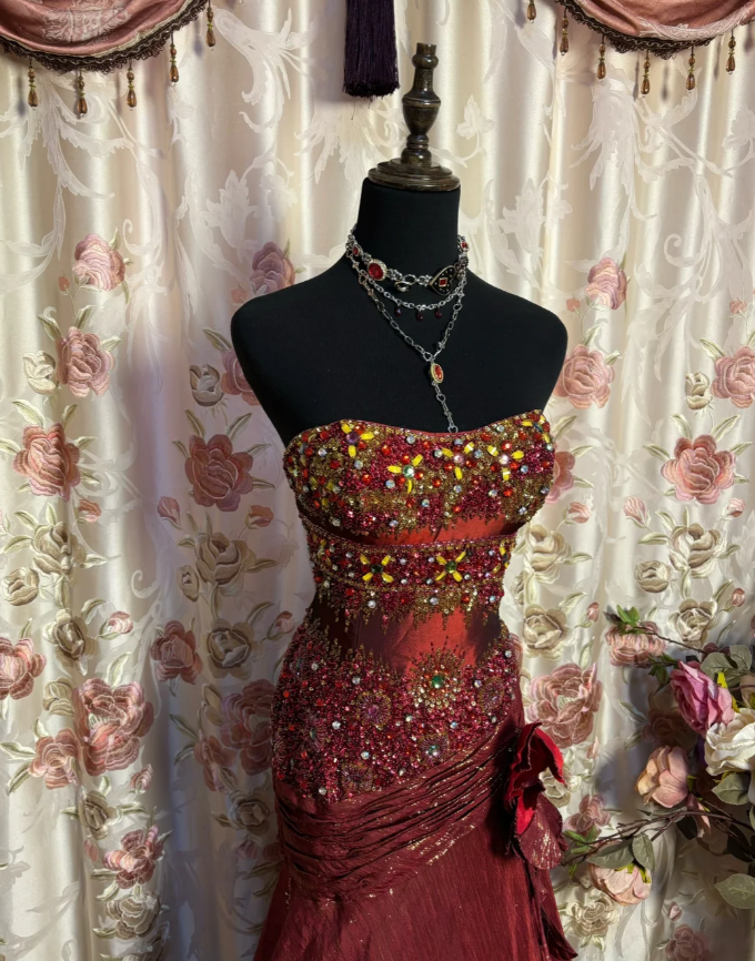Retro Strapless Satin Beaded Mermaid Long Wedding Guest Dress Formal Evening Dress SP1606