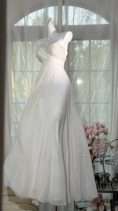 Pretty Strapless White Chiffon A Line Long Wedding Guest Dress Formal Evening Gowns SP2180