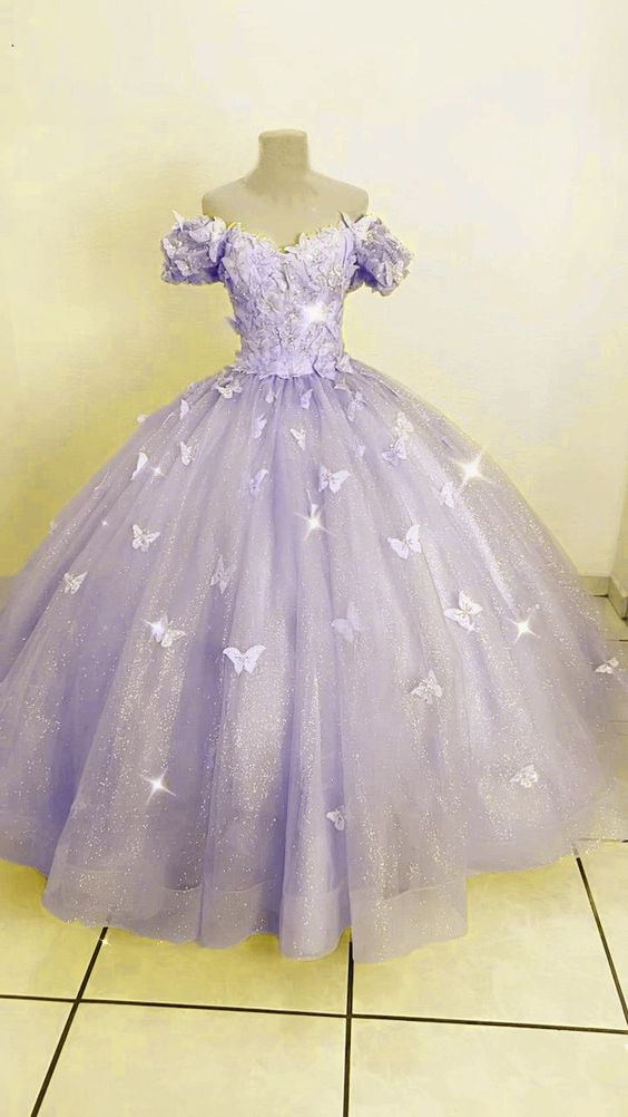 Lavender Butterfly Quince Dress Ball Gown Off-the-shoulder Y6594 Simplepromdress Lavender Butterfly Quince Dress Ball Gown Off-the-shoulder Y6594 Simplepromdress