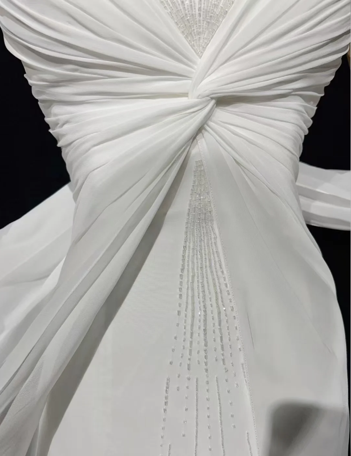Classy Spaghetti Straps White Chiffon Beaded Mermaid Long Evening Dress Formal Birthday Prom Dresses With Cape SP1381