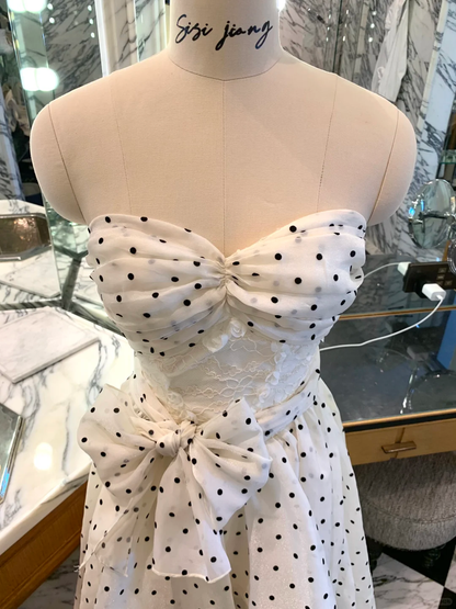 Charming White Sweetheart Neck Polka Dot Chiffon Hi-Low Homecoming Dress Birthday Outfits SP2356