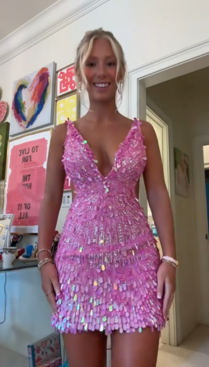Gorgeous Hot Pink V Neck Sequin Backless Sheath Cocktail Dress Short Formal Homecoming Dress Y9280