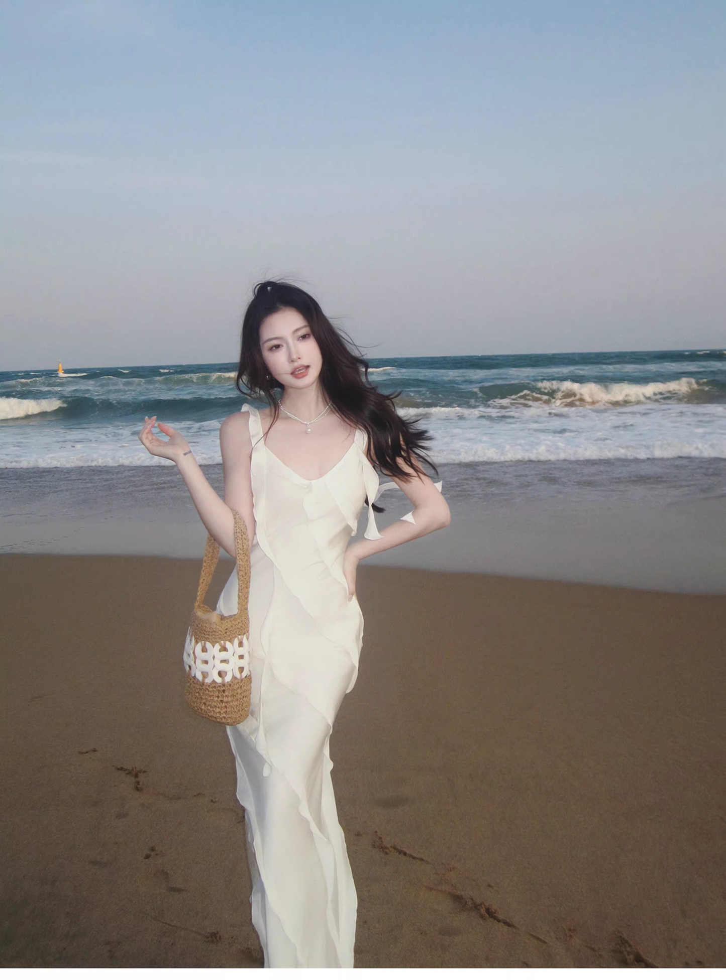 Classy V Neck White Satin Ruffles Mermaid Long Party Dress Formal Wedding Guest Dress SP1974