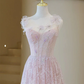 Light Pink Round Neckline Lace Long Prom Dress, A-line Pink Floor Length Party Dress Y4492