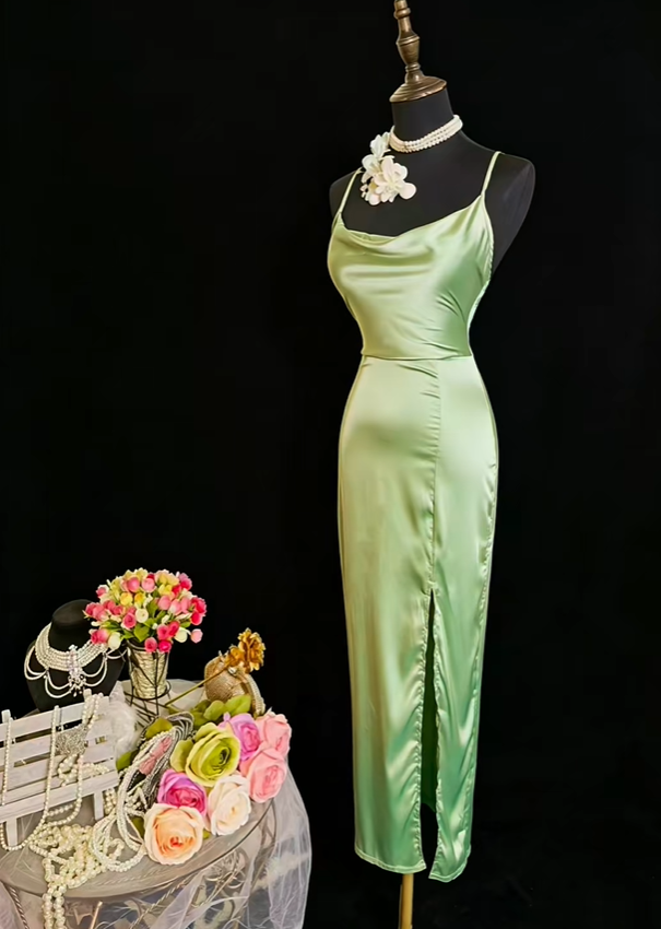 Sexy Spaghetti Straps Sheath Satin Slit Evening Dress Sage Green Backless Long Wedding Guest Dress SP2377