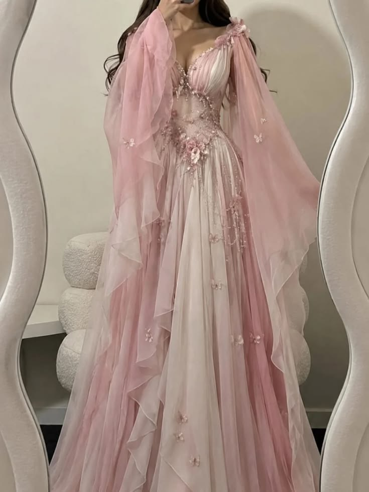 Pretty Ombre Pink Chiffon Appliques Birthday Prom Dress V Neck Long Party Dresses SP4318