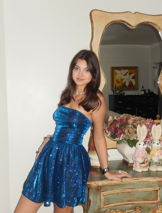 Shiny Strapless Blue Satin Sequin Short Homecoming Dress Cocktail Dress SP3666